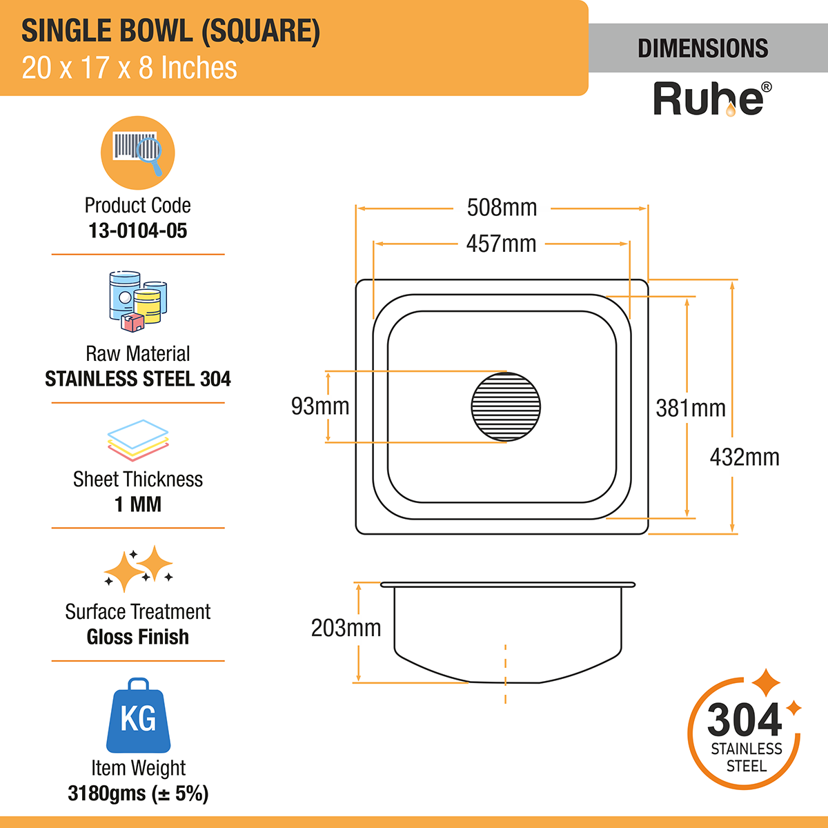 Square Single Bowl 304-Grade Kitchen Sink (20 x 17 x 8 inches)– by Ruhe