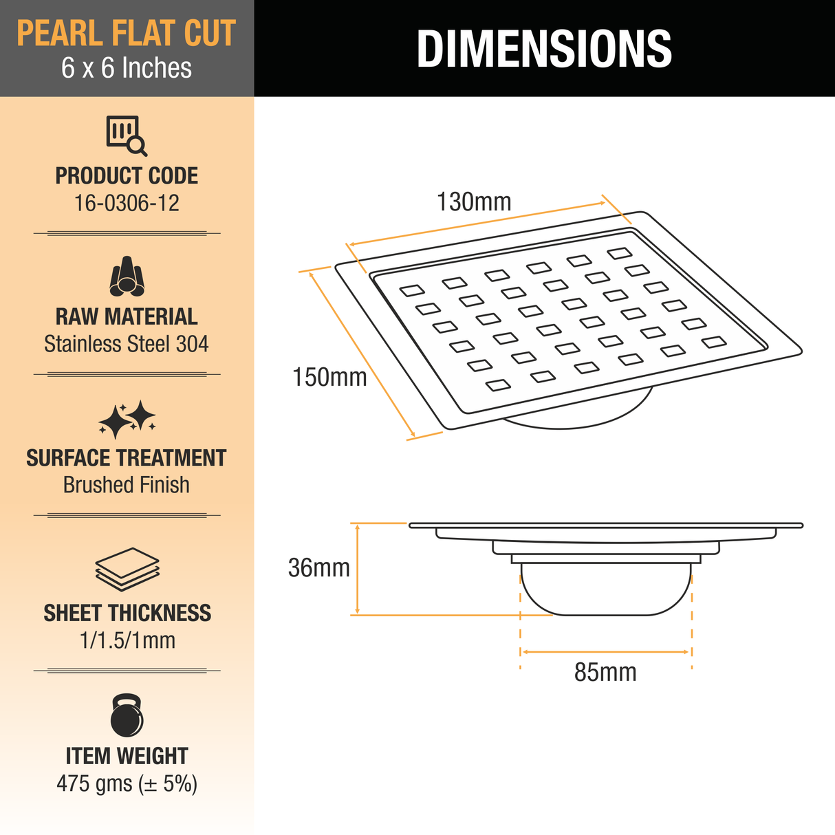 Pearl Square Flat Cut 304-Grade Floor Drain with Cockroach Trap (6 x 6 Inches) - by Ruhe