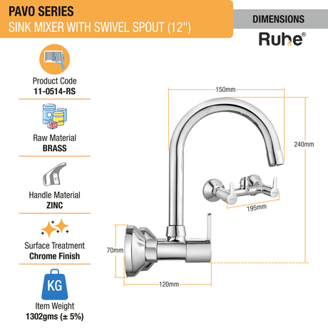 Pavo Sink Mixer with Small (12 inches) Round Swivel Spout Faucet sizes