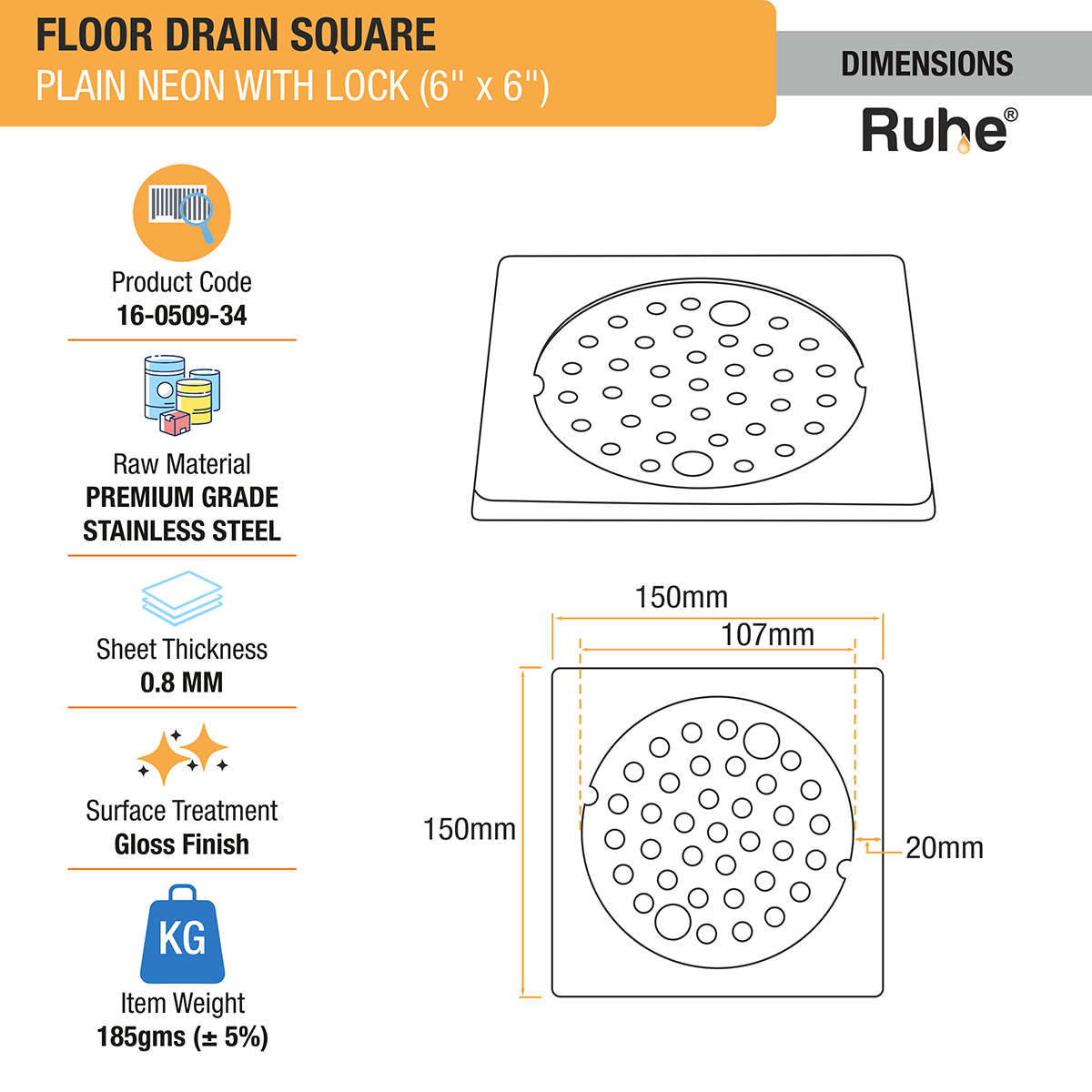 Plain Neon with Collar Square Floor Drain (6 x 6 inches) with Lock - by Ruhe®