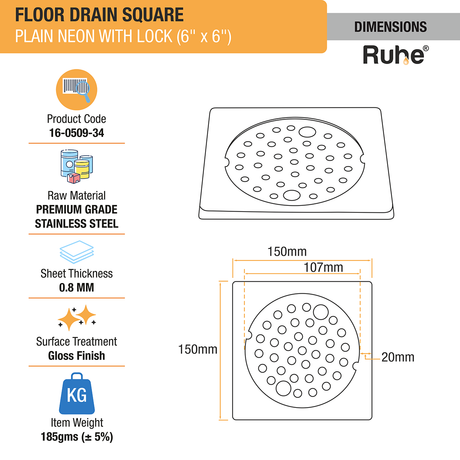 Plain Neon with Collar Square Floor Drain (6 x 6 inches) with Lock dimensions and size