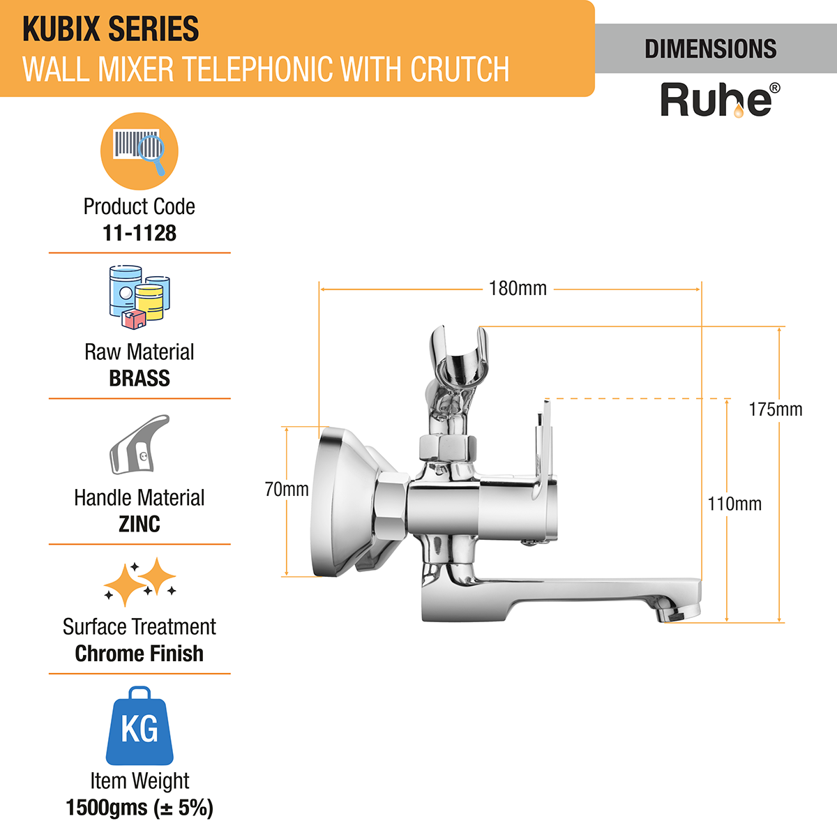 Kubix Telephonic Wall Mixer Brass Faucet (with Crutch) - by Ruhe®