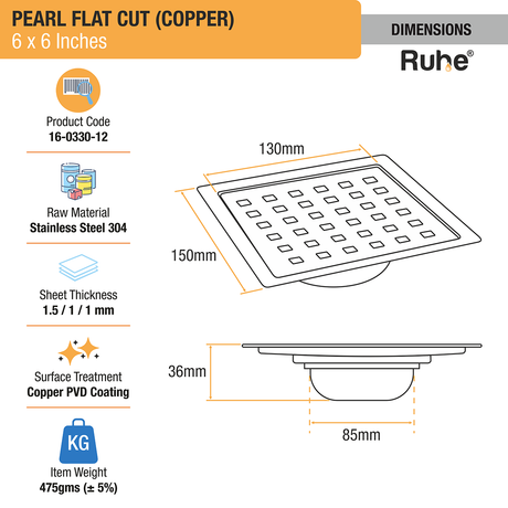 Pearl Square Flat Cut Floor Drain in Antique Copper PVD Coating (6 x 6 Inches) dimensions and size