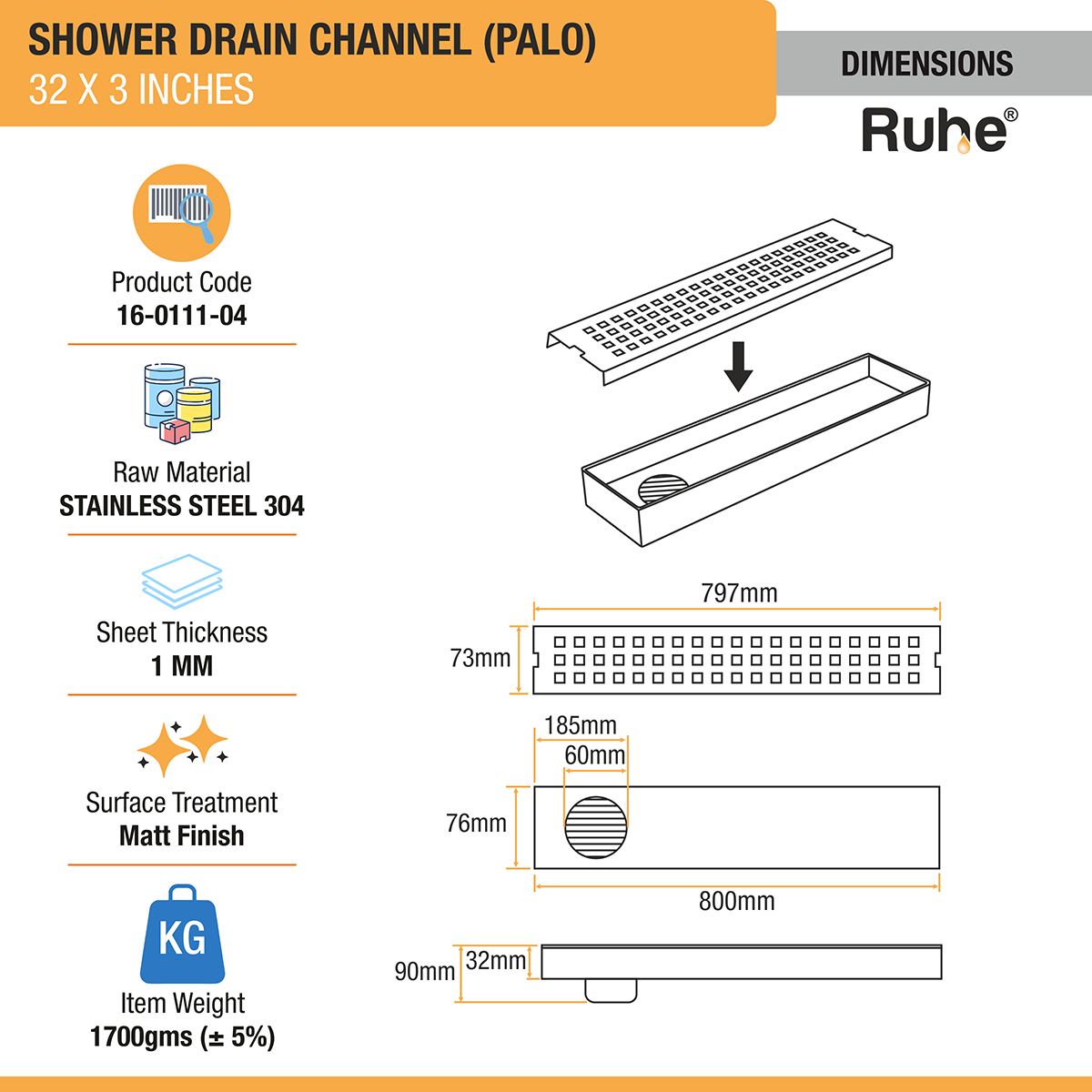 Palo Shower Drain Channel (32 x 3 Inches) with Cockroach Trap (304 Grade) - by Ruhe®