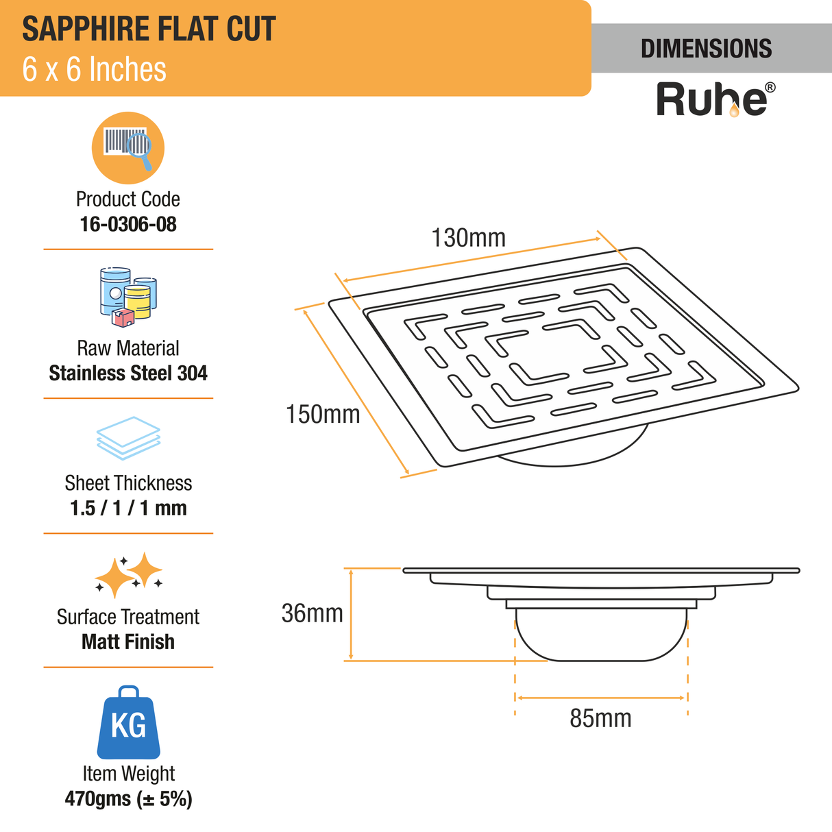 Sapphire Square Flat Cut 304-Grade Floor Drain with Cockroach Trap (6 x 6 Inches) - by Ruhe