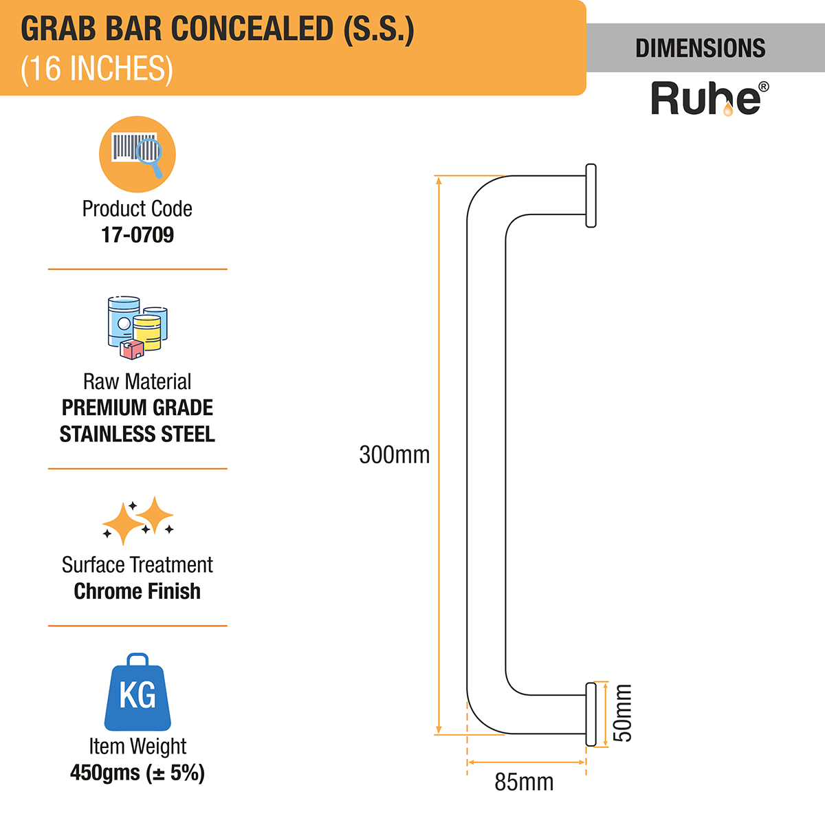 Grab Bar Stainless Steel (16 Inches) Concealed - by Ruhe