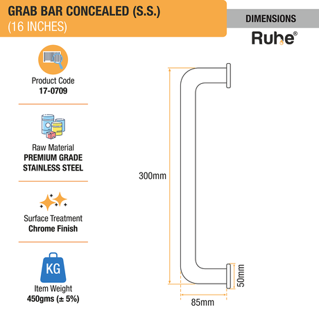 Grab Bar Stainless Steel (16 Inches) Concealed dimensions and sizes