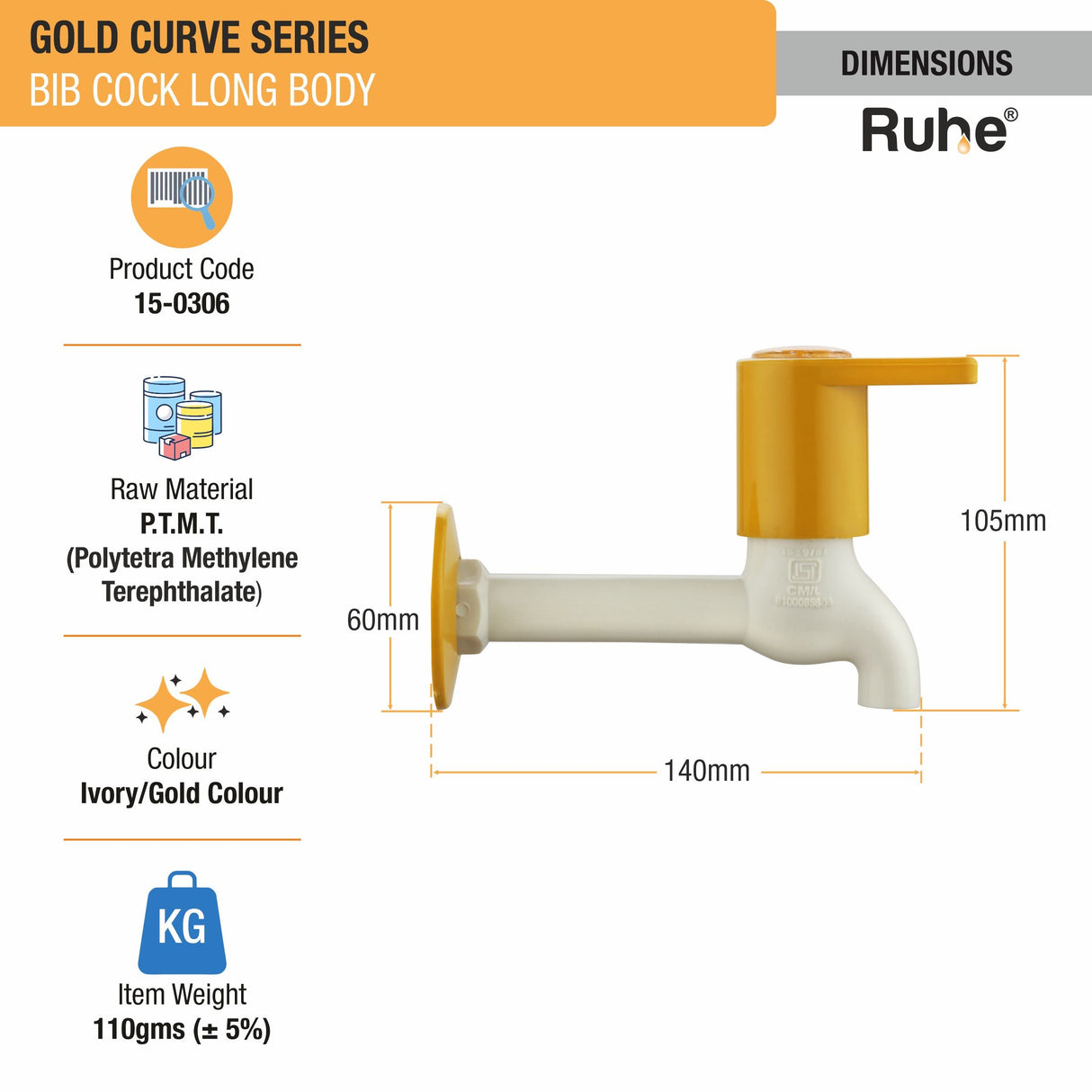 Gold Curve Bib Tap Long Body PTMT Faucet - by Ruhe®