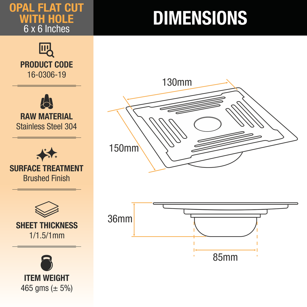 Opal Square Flat Cut 304-Grade Floor Drain with Hole & Cockroach Trap (6 x 6 Inches) - by Ruhe®