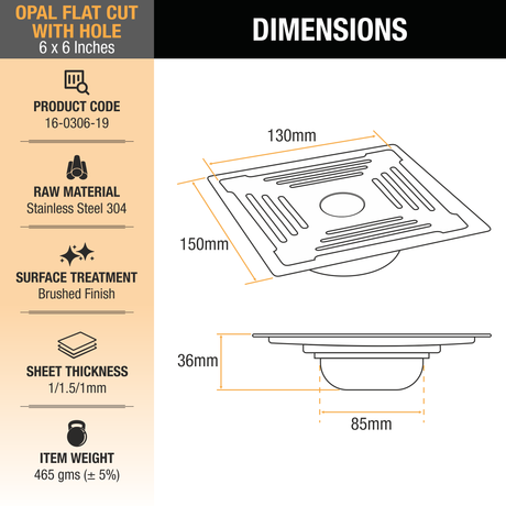 Opal Floor Drain Square Flat Cut (6 x 6 Inches) with Hole and Cockroach Trap 2