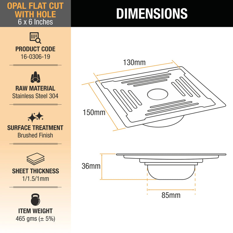 Opal Square Flat Cut 304-Grade Floor Drain with Hole & Cockroach Trap (6 x 6 Inches) - by Ruhe