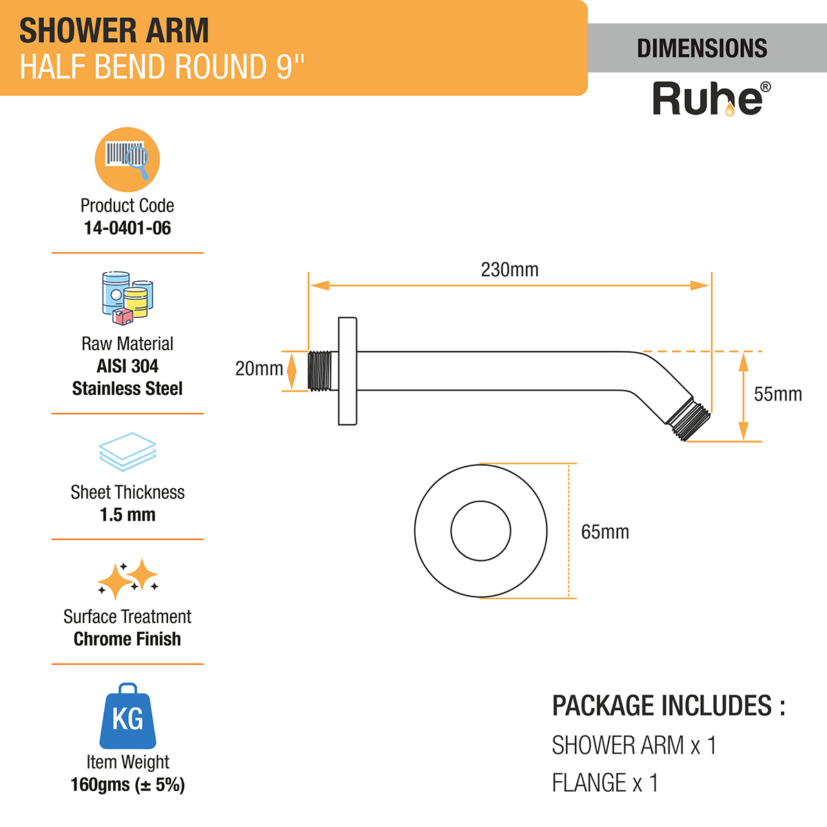 Half Bend Round 304-Grade Shower Arm (9 Inches) - by Ruhe