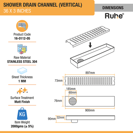 Vertical Shower Drain Channel (36 x 3 Inches) with Cockroach Trap (304 Grade) dimensions and size