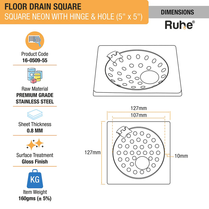 Square Neon Floor Drain (5 x 5 inches) with Hole and Hinged Grating Top - by Ruhe