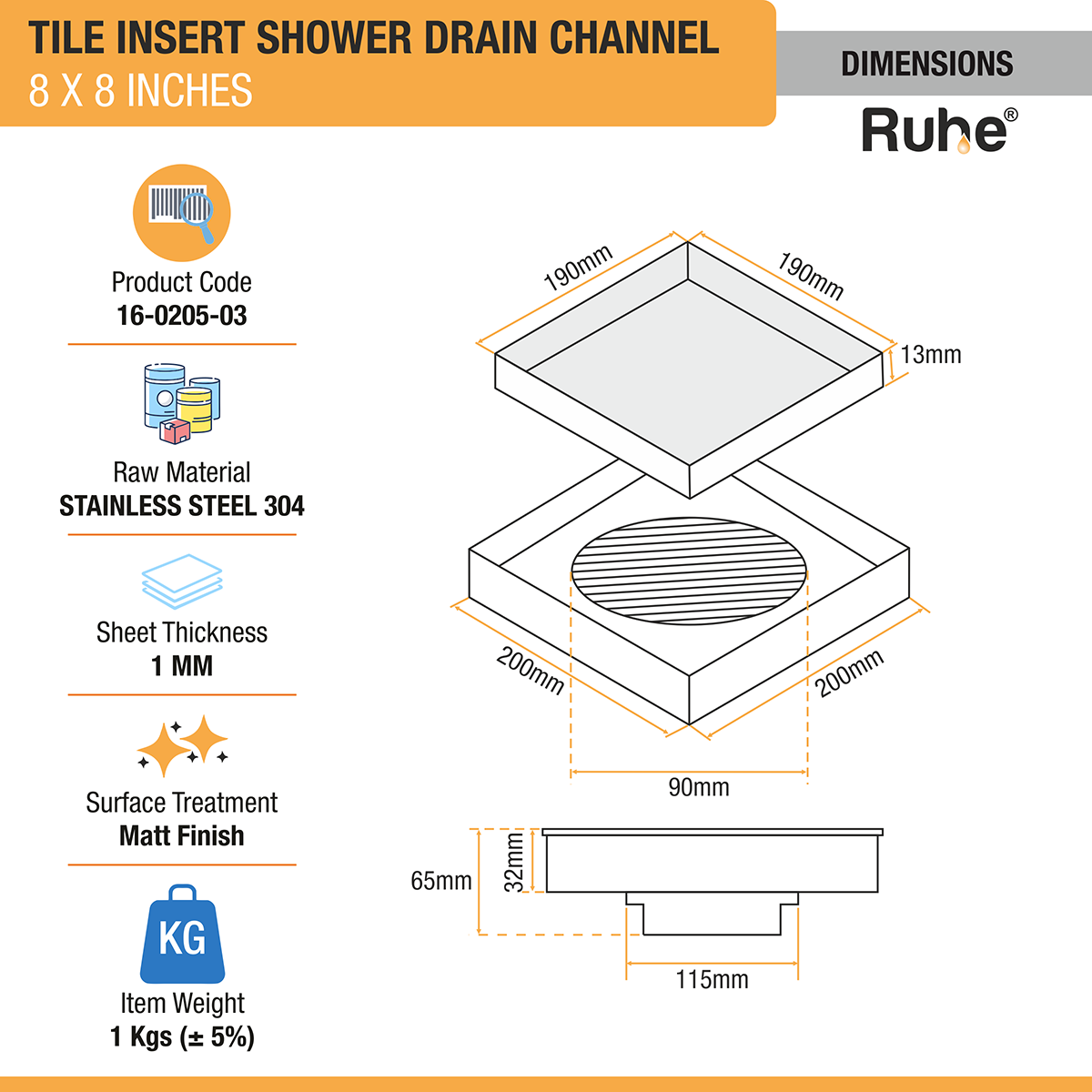 Tile Insert Shower Drain Channel (8 x 8 Inches) with Cockroach Trap (304 Grade) - by Ruhe®