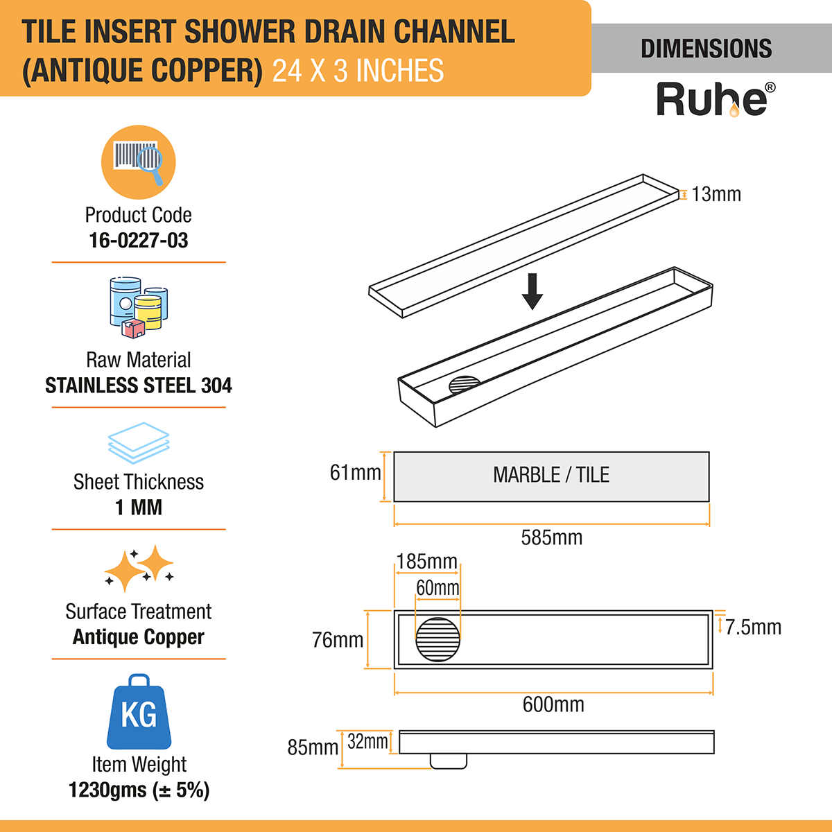 Tile Insert Shower Drain Channel (24 x 3 Inches) ROSE GOLD PVD Coated dimensions and sizes