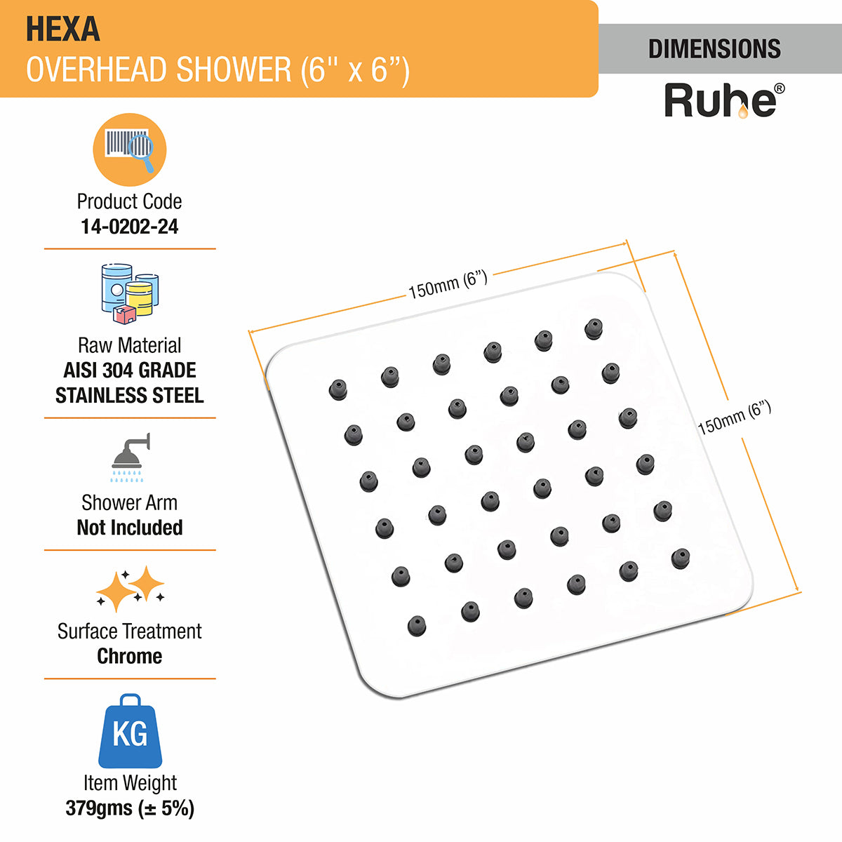 Hexa 304-Grade Overhead Shower (6 x 6 Inches) dimensions and sizes