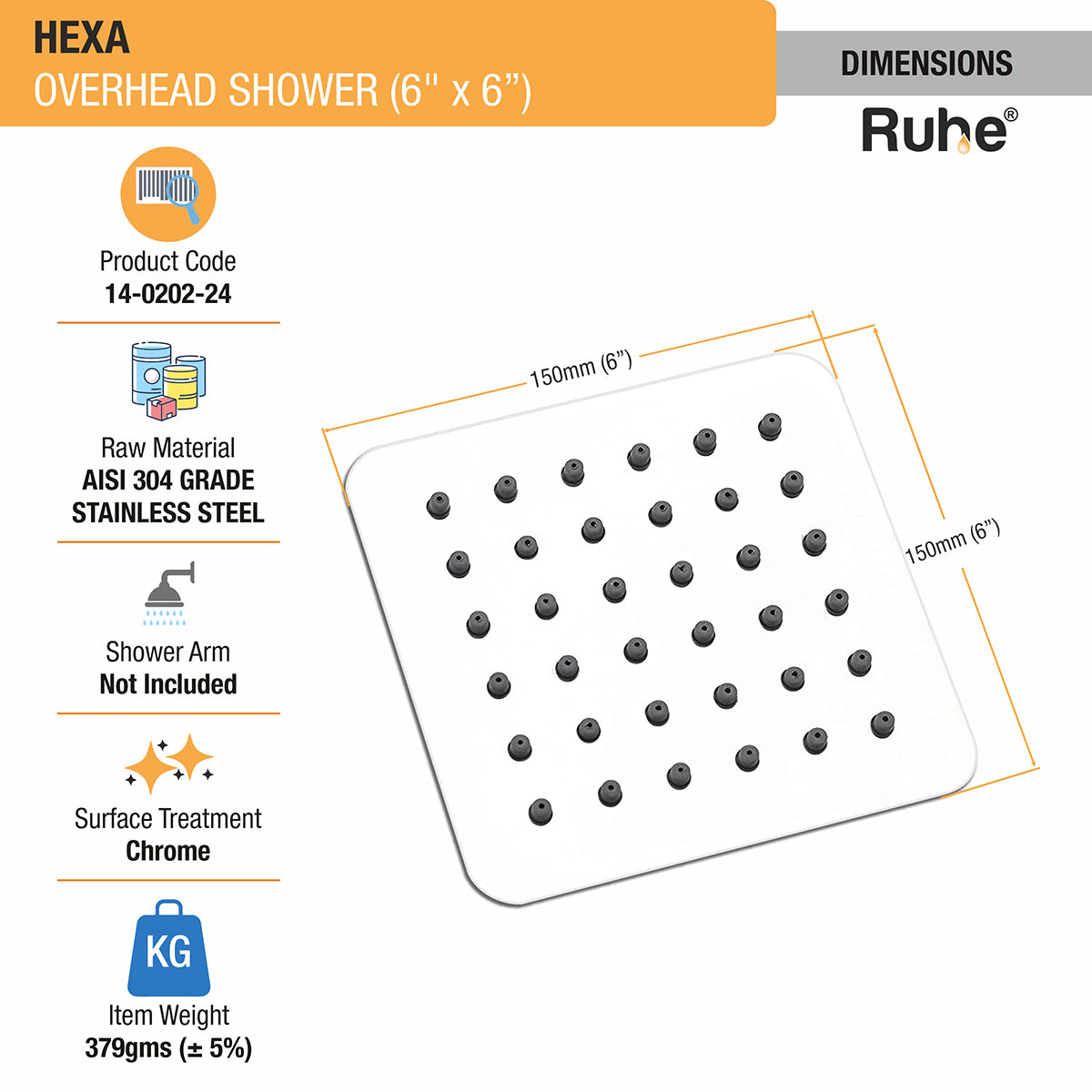 Hexa 304-Grade Overhead Shower (6 x 6 Inches) - by Ruhe