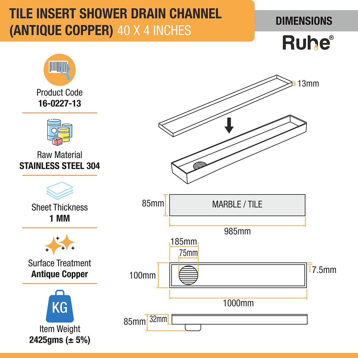 Tile Insert Shower Drain Channel (40 x 4 Inches) ROSE GOLD PVD Coated - by Ruhe®