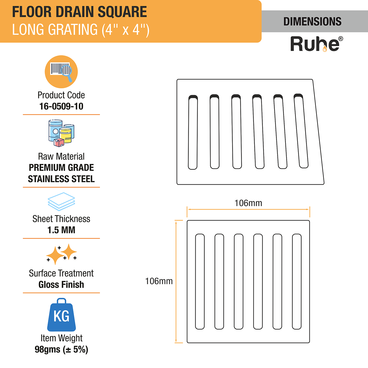 Long Grating Floor Drain (4 x 4 inches) (Pack of 2) - by Ruhe®