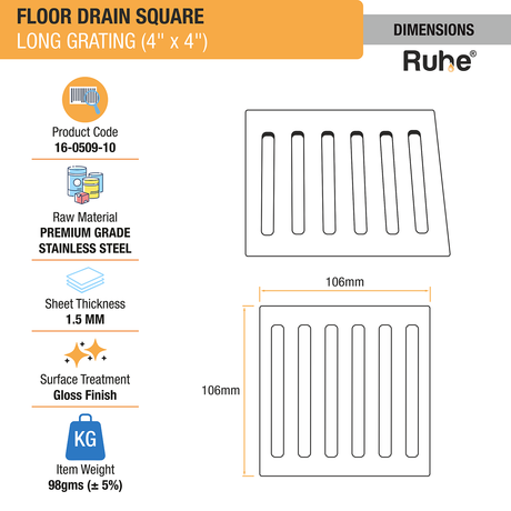 Long Grating Floor Drain (4 x 4 inches) (Pack of 2) dimensions and size