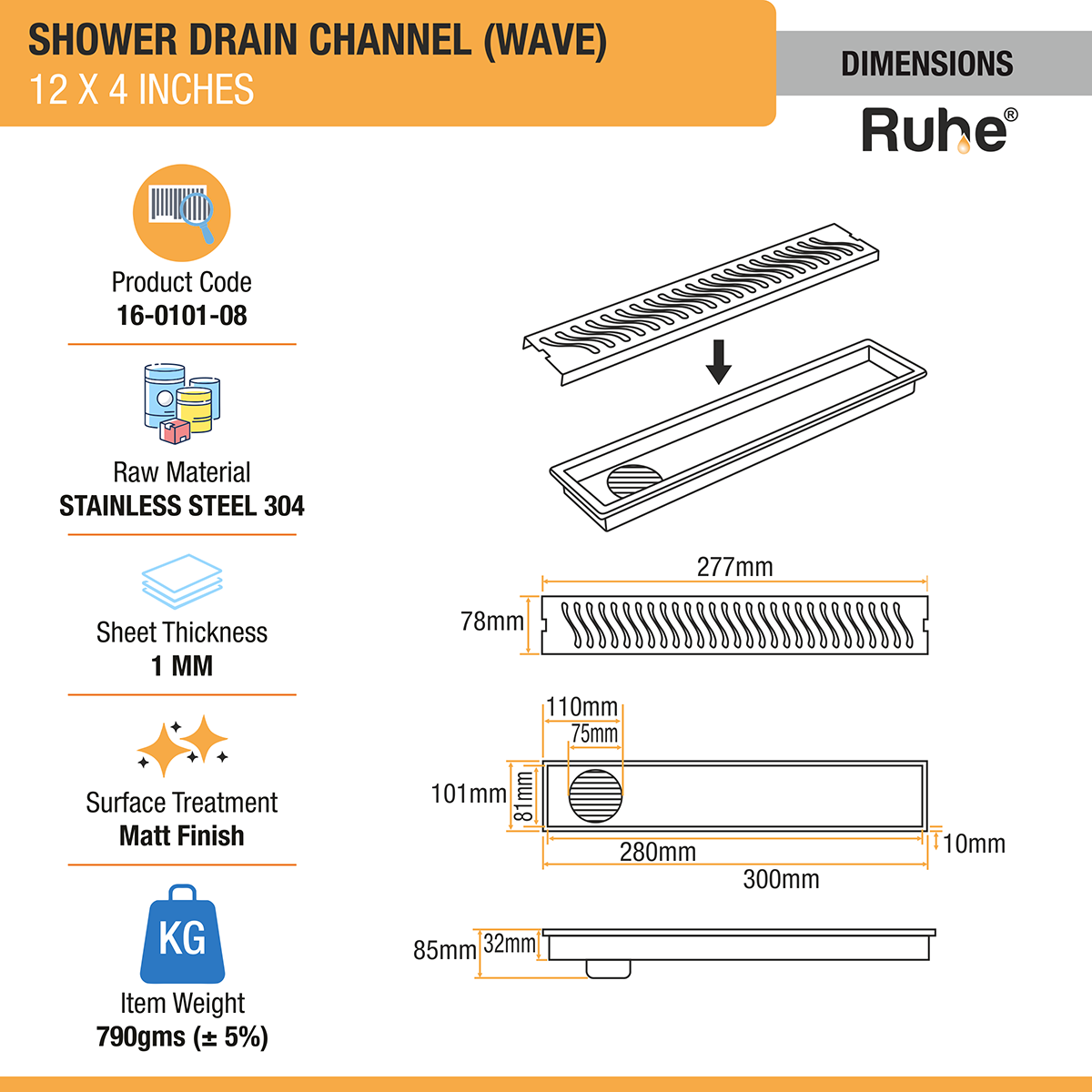 Wave Shower Drain Channel (12 X 4 Inches) with Cockroach Trap (304 Grade) dimensions and size