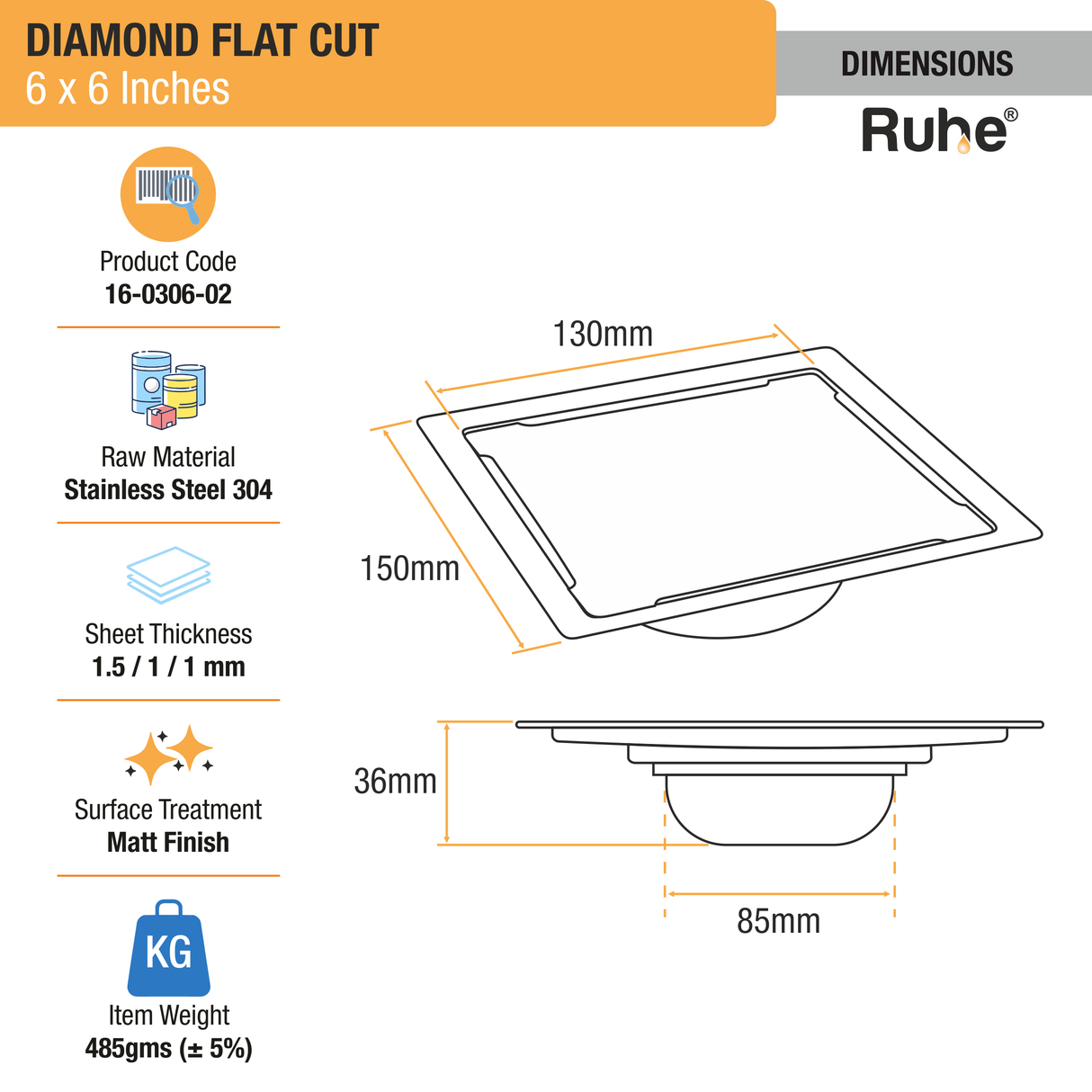 Diamond Square Flat Cut 304-Grade Floor Drain with Cockroach Trap (6 x 6 Inches) - by Ruhe