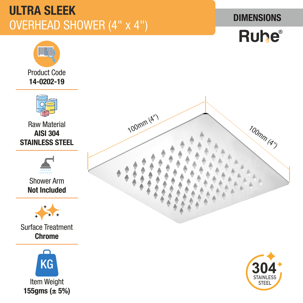 Ultra Sleek 304-Grade Overhead Shower (4 x 4 inches) - by Ruhe