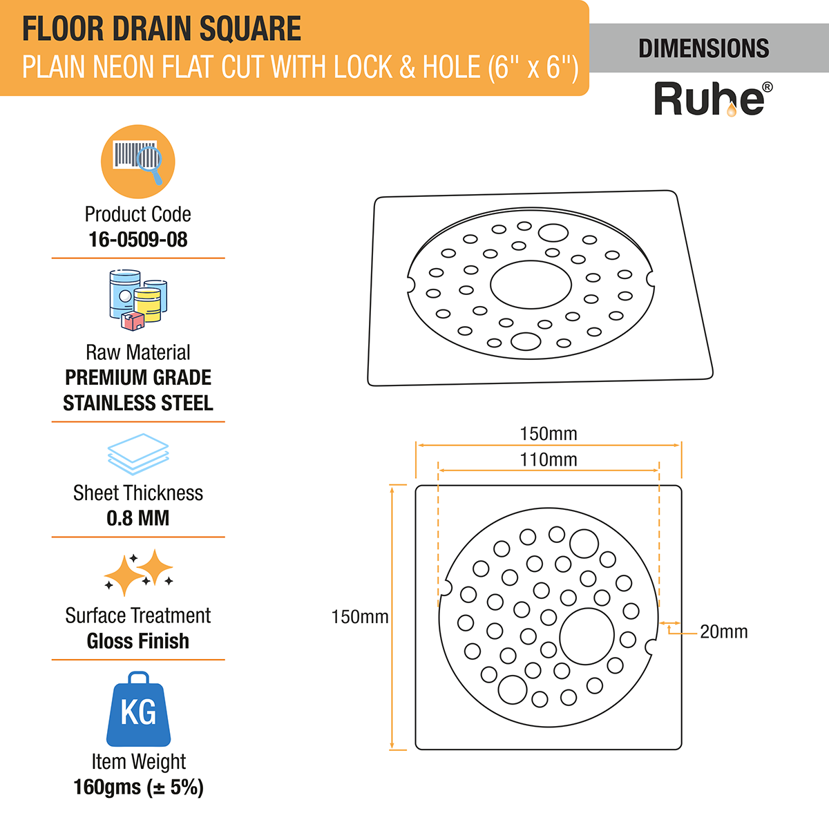 Plain Neon Square Flat Cut Floor Drain (6 x 6 inches) with Lock and Hole - by Ruhe