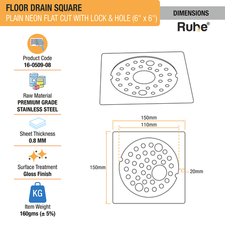 Plain Neon Square Flat Cut Floor Drain (6 x 6 inches) with Lock and Hole dimensions and size