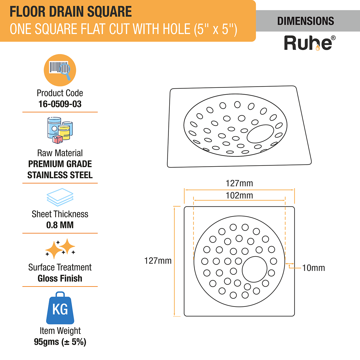 One Square Flat Cut Floor Drain (5 x 5 inches) with Hole - by Ruhe®