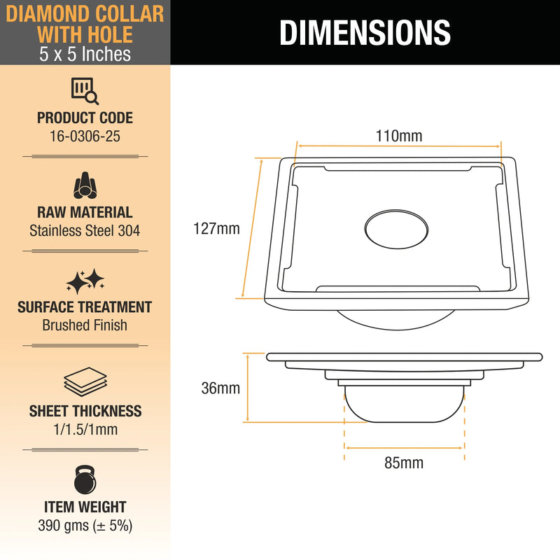 Diamond Square 304-Grade Floor Drain with Collar, Hole & Cockroach Trap (5 x 5 Inches) - by Ruhe