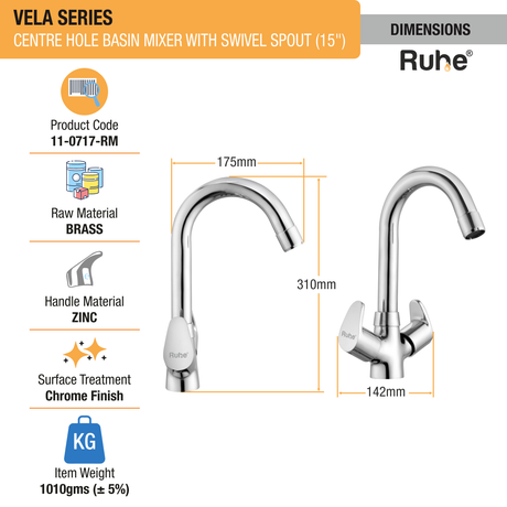 Vela Centre Hole Basin Mixer with Medium (15 inches) Round Swivel Spout Faucet sizes