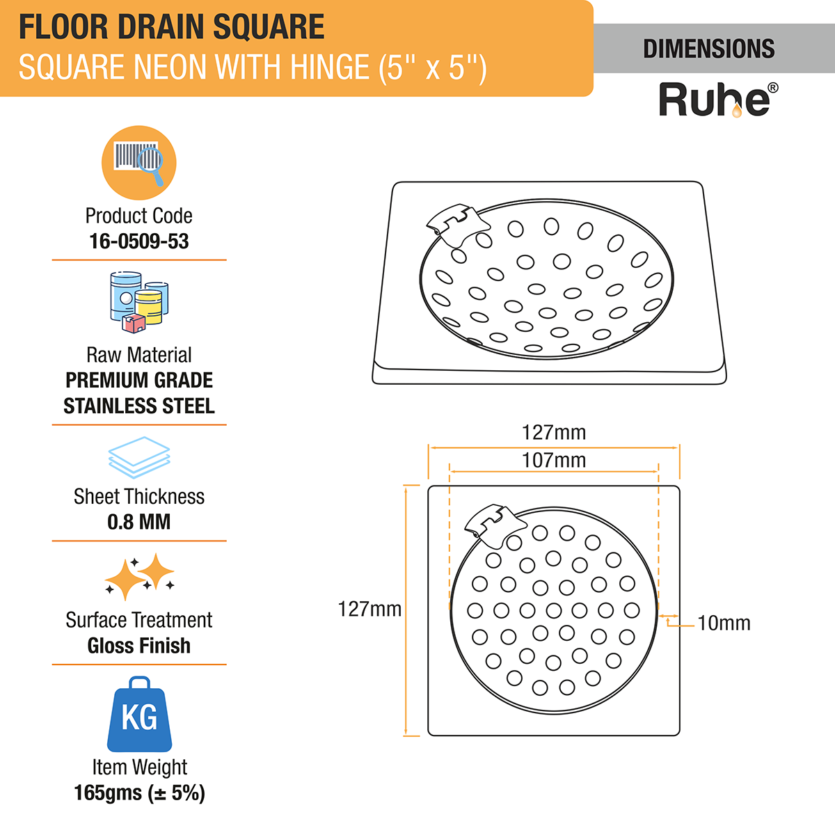 Square Neon Floor Drain (5 x 5 inches) with Hinged Grating Top - by Ruhe®