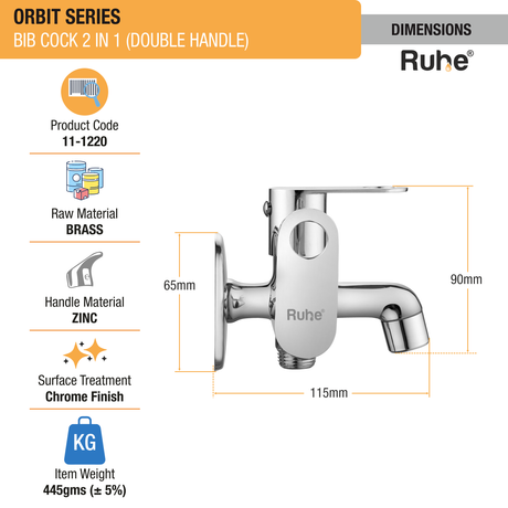 Orbit Two Way Bib Tap Brass Faucet (Double Handle) dimensions and size