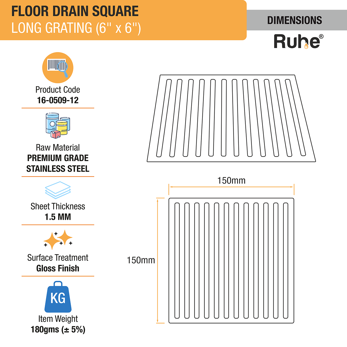 Long Grating Floor Drain (6 x 6 inches) - by Ruhe®