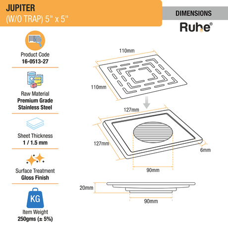 Jupiter Square Premium Floor Drain (5 x 5 Inches) - by Ruhe®