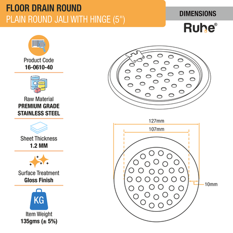 Plain Round Jali Floor Drain (5 Inches) with Hinged Grating Top (Pack of 2) - by Ruhe®