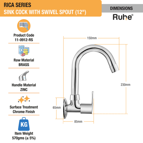 Rica Sink Tap with Small (12 inches) Round Swivel Spout Brass Faucet dimensions and size
