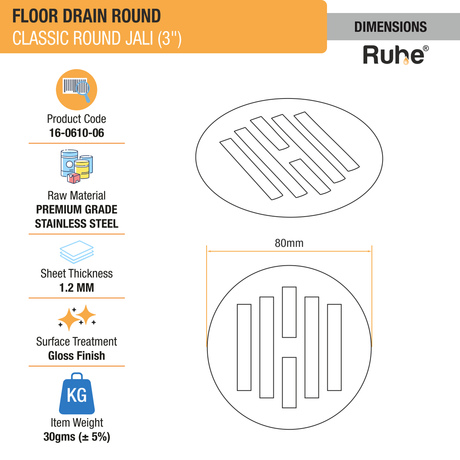 Classic Round Jali Floor Drain (3 inches) (Pack of 4) dimensions and sizes