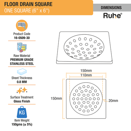 One Square with Collar Floor Drain (6 x 6 inches) dimensions and size