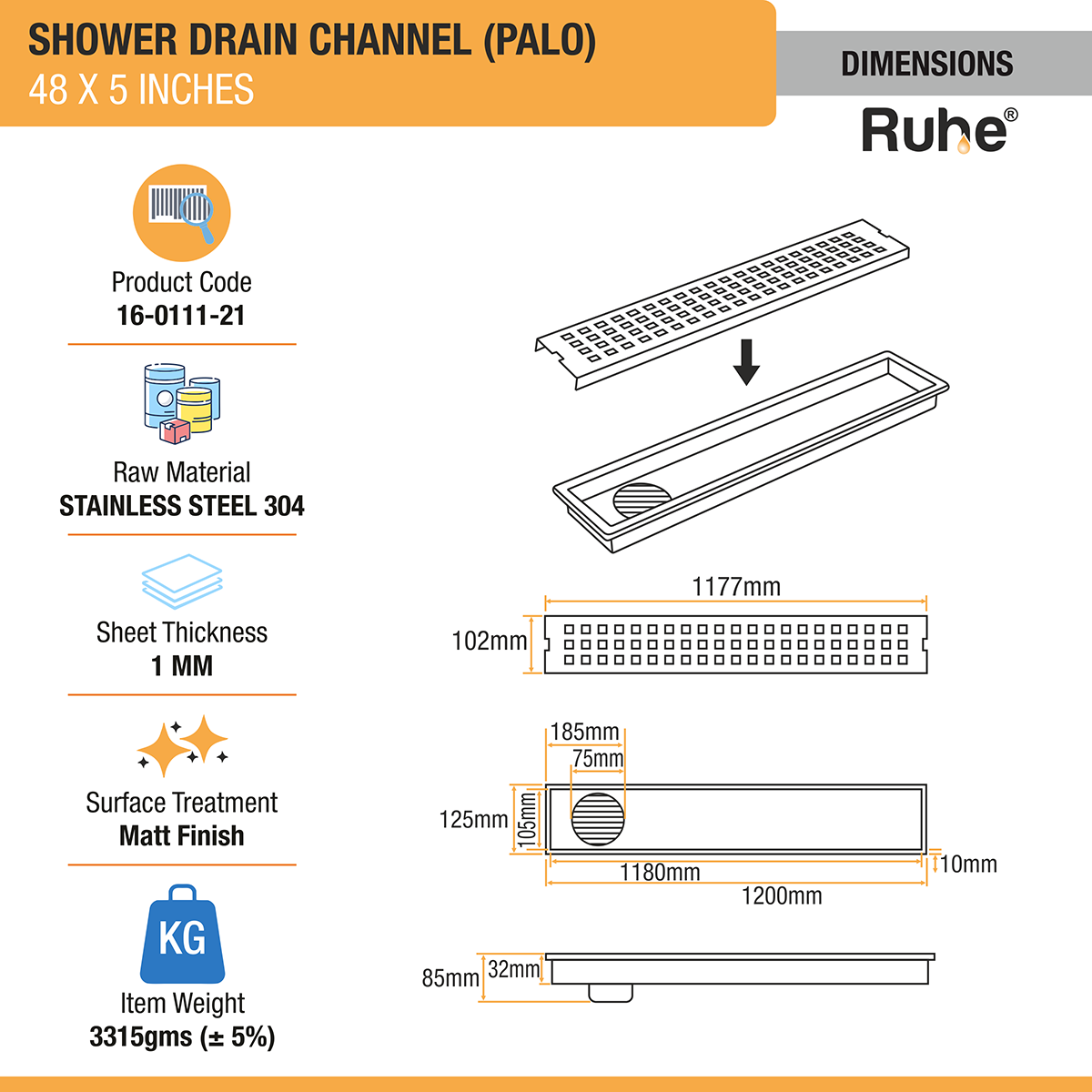 Palo Shower Drain Channel (48 x 5 Inches) with Cockroach Trap (304 Grade) - by Ruhe®