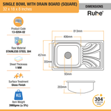 Square Single Bowl (32 x 18 x 8 inches) 304-Grade Stainless Steel Kitchen Sink with Drainboard dimensions and sizes