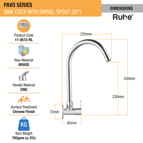 Pavo Sink Cock with Large (20 inches) Round Swivel Spout Faucet sizes