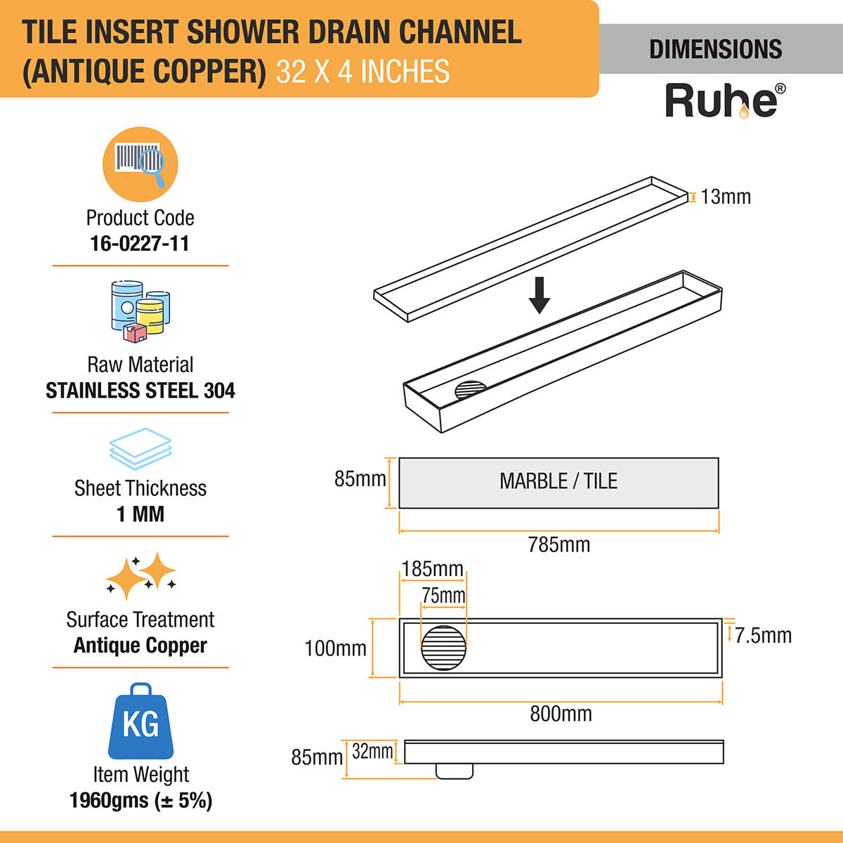 Tile Insert Shower Drain Channel (32 x 4 Inches) ROSE GOLD PVD Coated - by Ruhe®