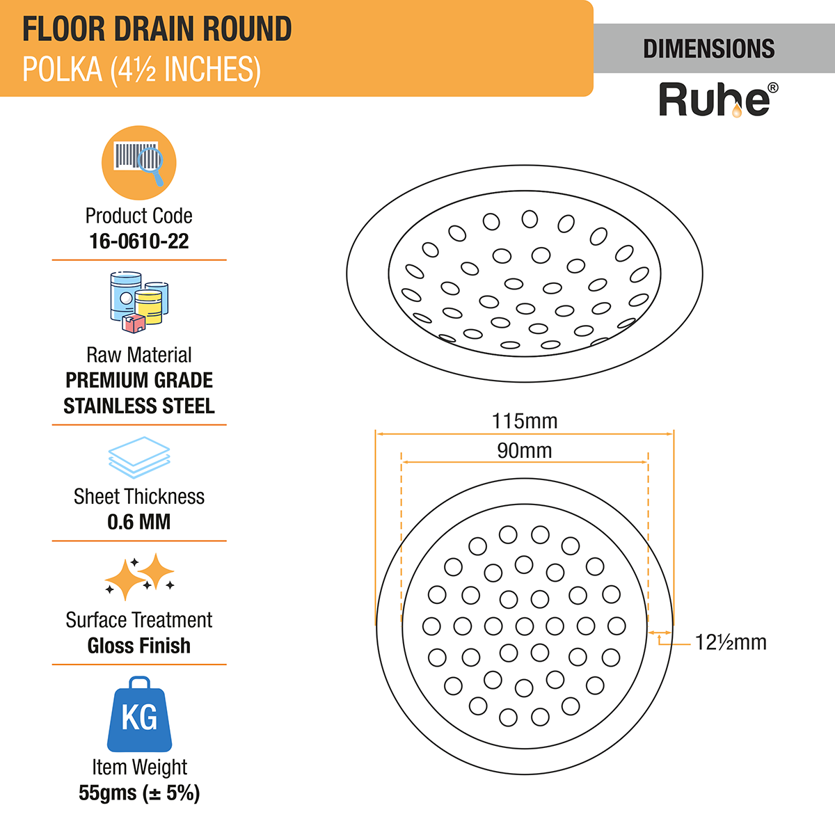 Polka Round with Collar Floor Drain (4½ inches) (Pack of 4) - by Ruhe®