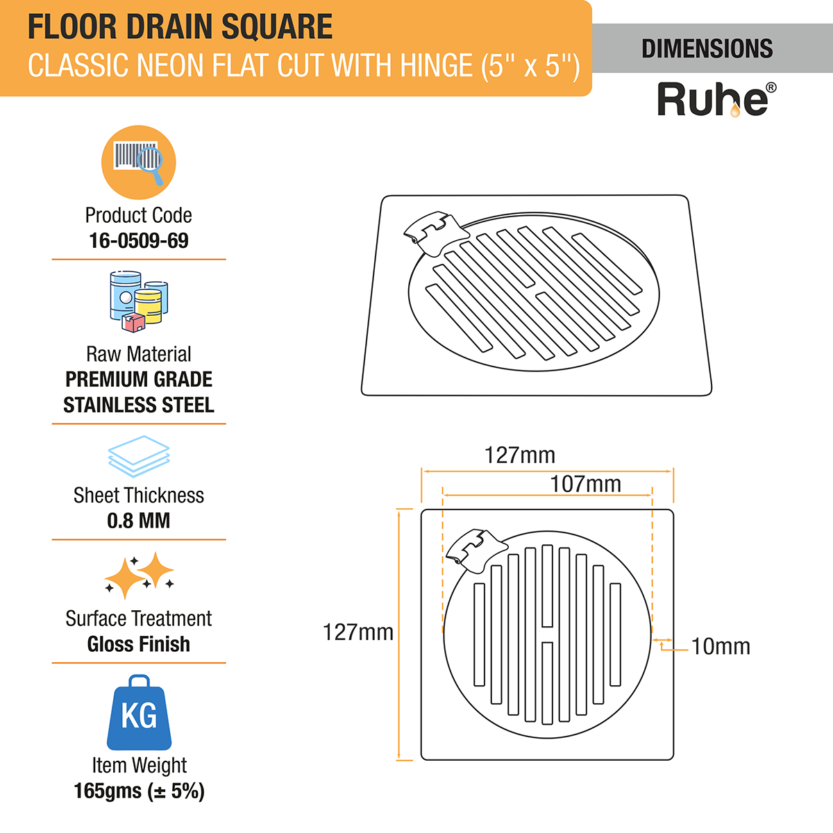 Classic Neon Square Flat Cut Floor Drain (5 x 5 inches) with Hinged Grating Top - by Ruhe ®