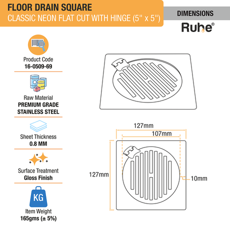 Classic Neon Square Flat Cut Floor Drain (5 x 5 inches) with Hinged Grating Top dimensions and size