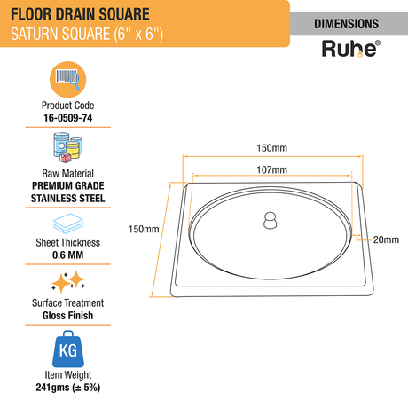 Saturn Square Floor Drain (6 x 6 Inches) with Lid dimensions and size