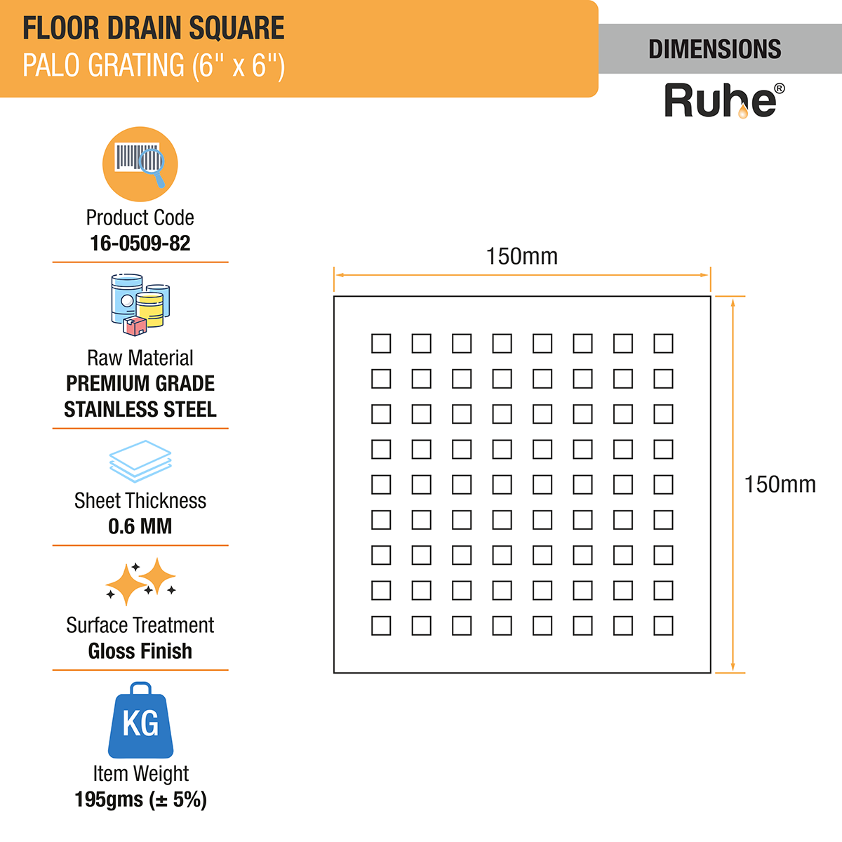 Palo Grating Floor Drain (6 x 6 inches)- by Ruhe ®